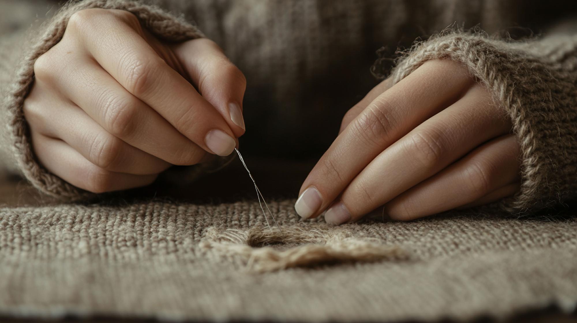 Close-up of hand embroidery on linen